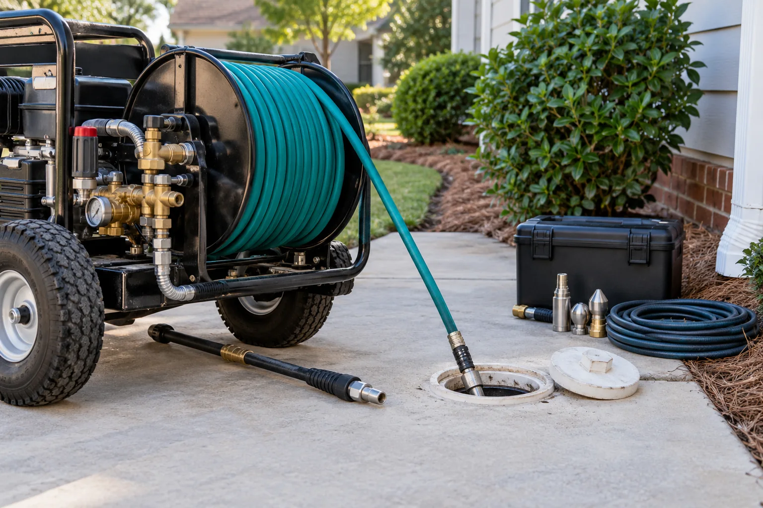 Hydro-jetting hose reel and drain-cleaning equipment beside an exterior cleanout