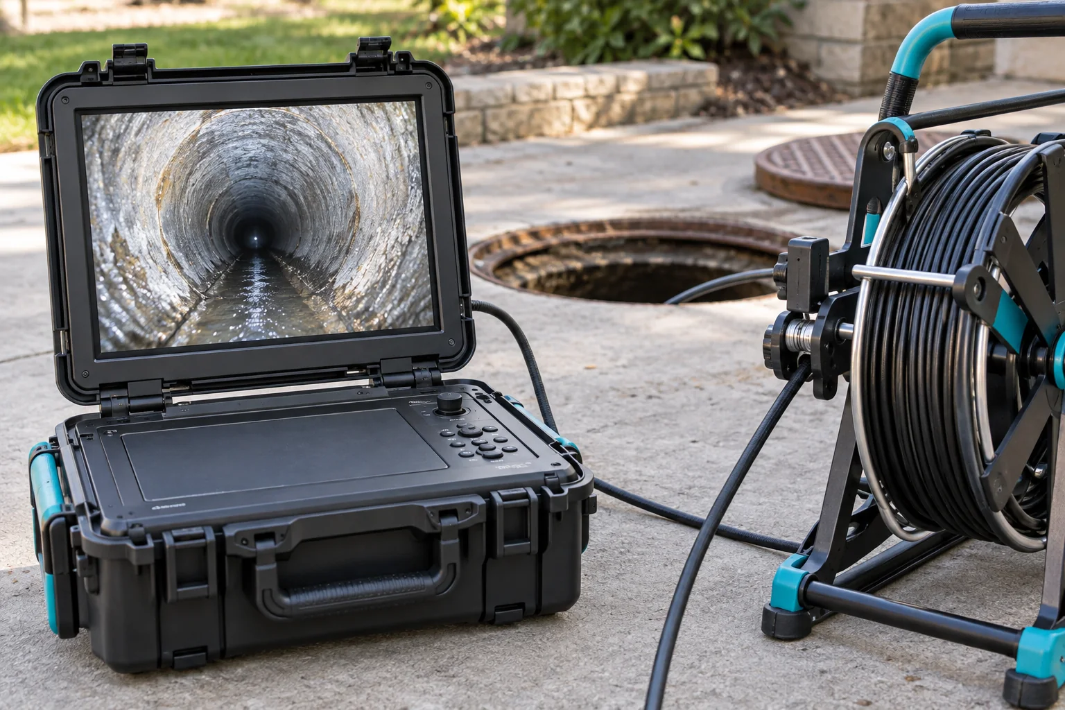 Sewer inspection monitor and cable reel with a pipe interior visible on the screen