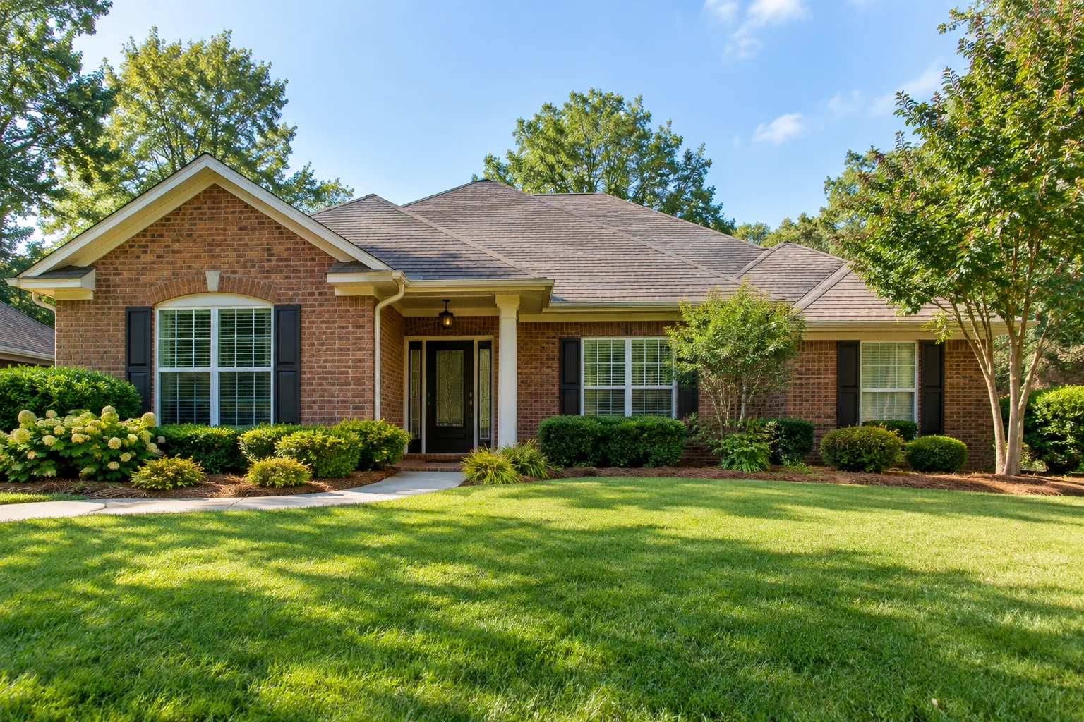 Brick home and landscaped lawn illustrating residential drainage context